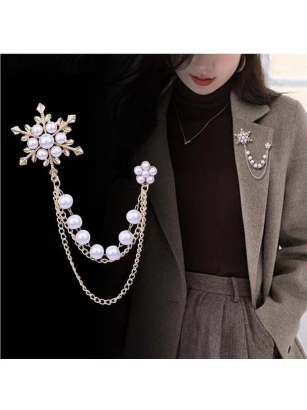 Snowflake Pearl Chain Brooch - Picture 1 of 7